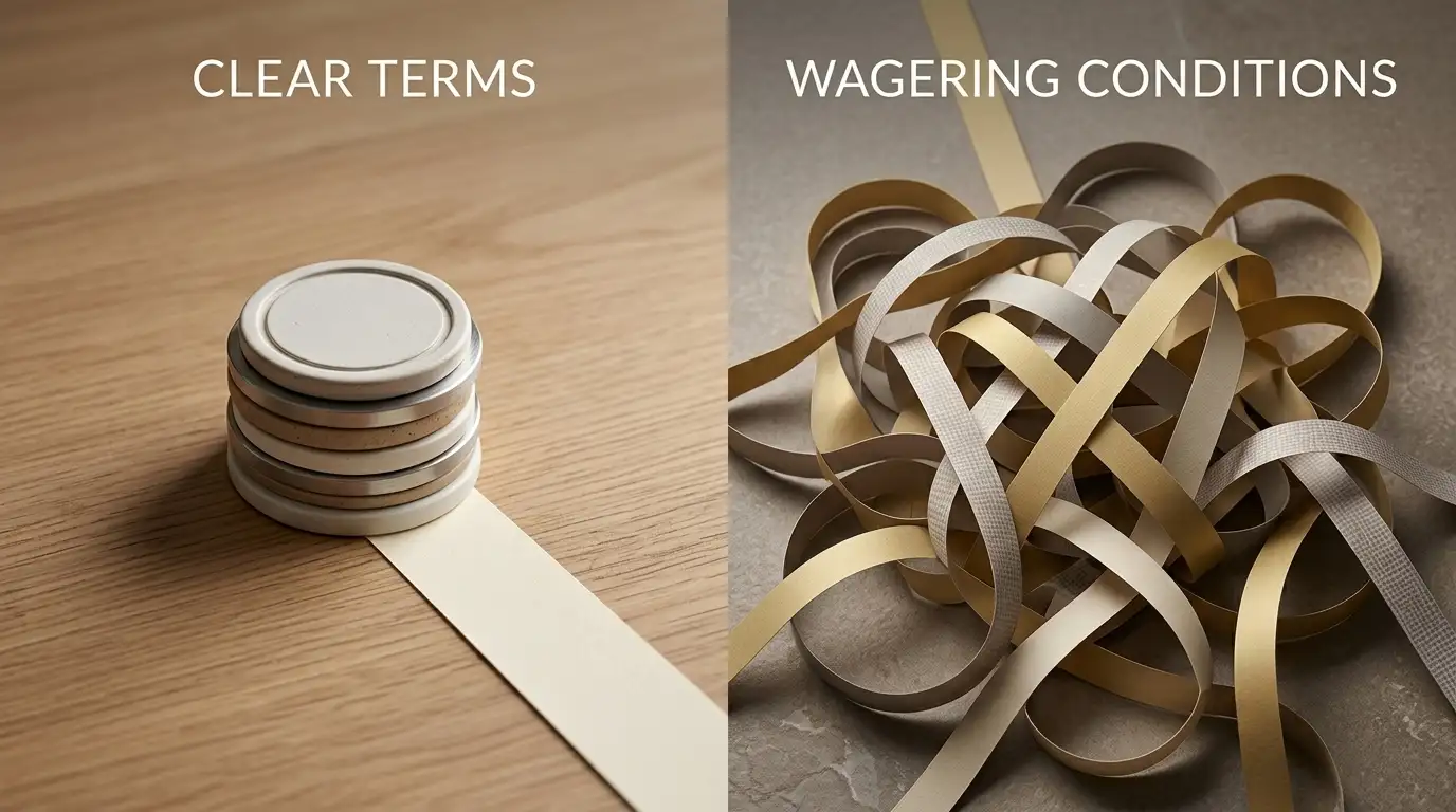 Editorial illustration comparing a simple free-spins offer with complex wagering terms