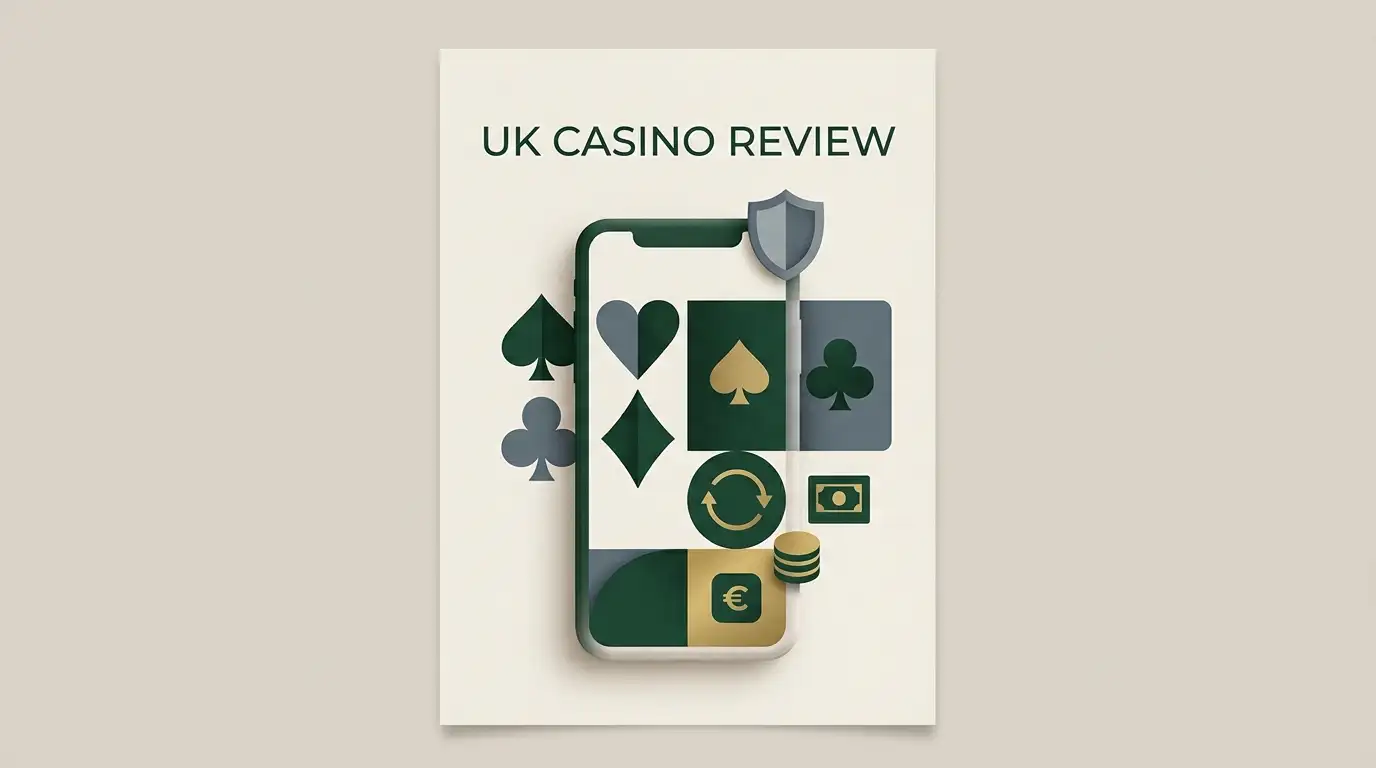 Editorial illustration of a UK mobile casino review with cards and payment symbols