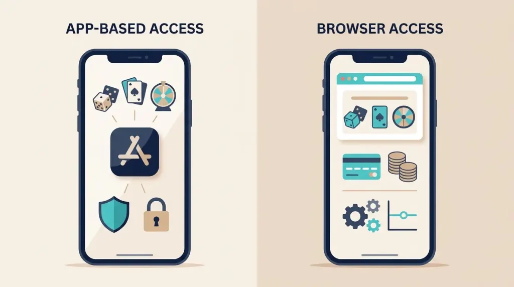Abstract editorial illustration comparing a casino mobile app with browser play on a smartphone