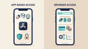 Abstract editorial illustration comparing a casino mobile app with browser play on a smartphone