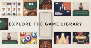 Abstract editorial illustration of a varied online casino game library for UK players