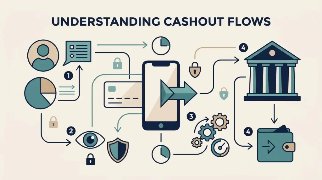 Abstract editorial illustration of a mobile casino cashout moving through verification and payment stages