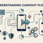 Abstract editorial illustration of a mobile casino cashout moving through verification and payment stages