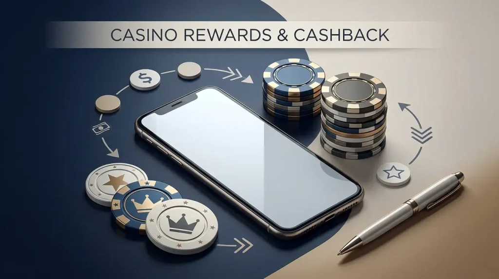 Abstract editorial illustration of casino rewards, cashback tokens and a mobile account