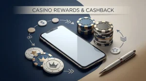 Abstract editorial illustration of casino rewards, cashback tokens and a mobile account