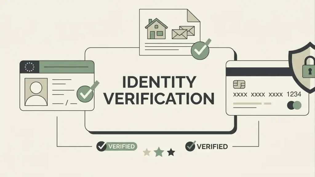 Abstract editorial illustration of identity verification documents and a secure account check