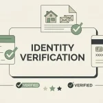 Abstract editorial illustration of identity verification documents and a secure account check