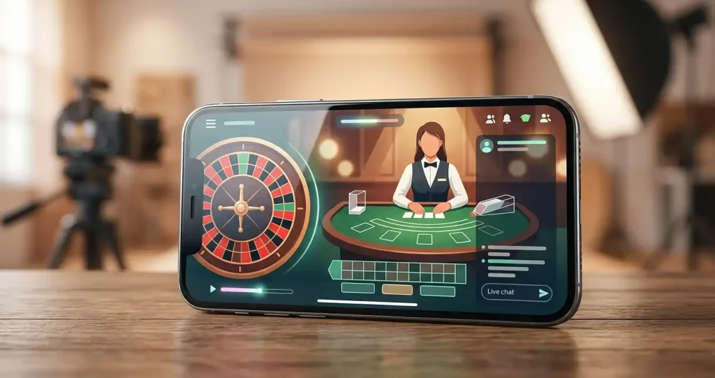Abstract editorial illustration of live dealer casino play on a mobile device