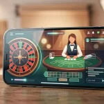 Abstract editorial illustration of live dealer casino play on a mobile device