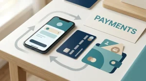 Abstract editorial illustration of UK casino payment methods on a mobile cashier