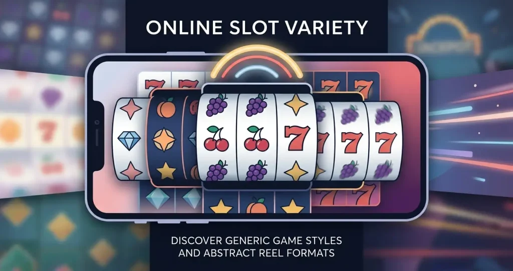 Abstract editorial illustration representing online slot variety for UK casino players